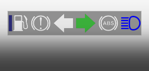 Displays typical dashboard indicators, including fuel, parking brake, indicators, ABS and headlights status. Clicking the parking brake/indicators/headlights indicators will toggle them.