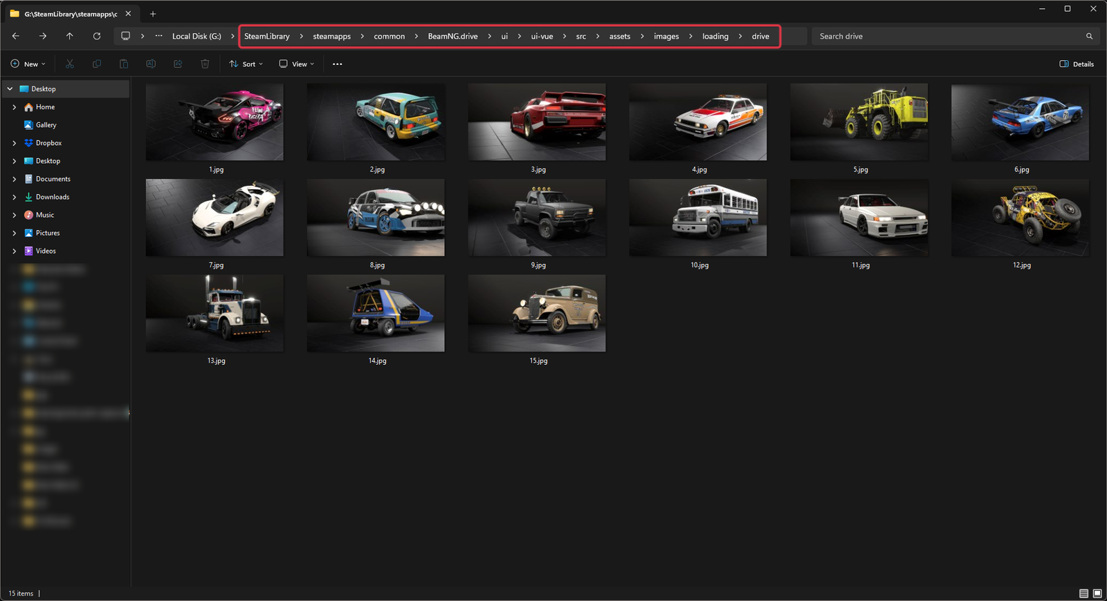 Windows Explorer showing the BeamNG.drive loading/drive folder